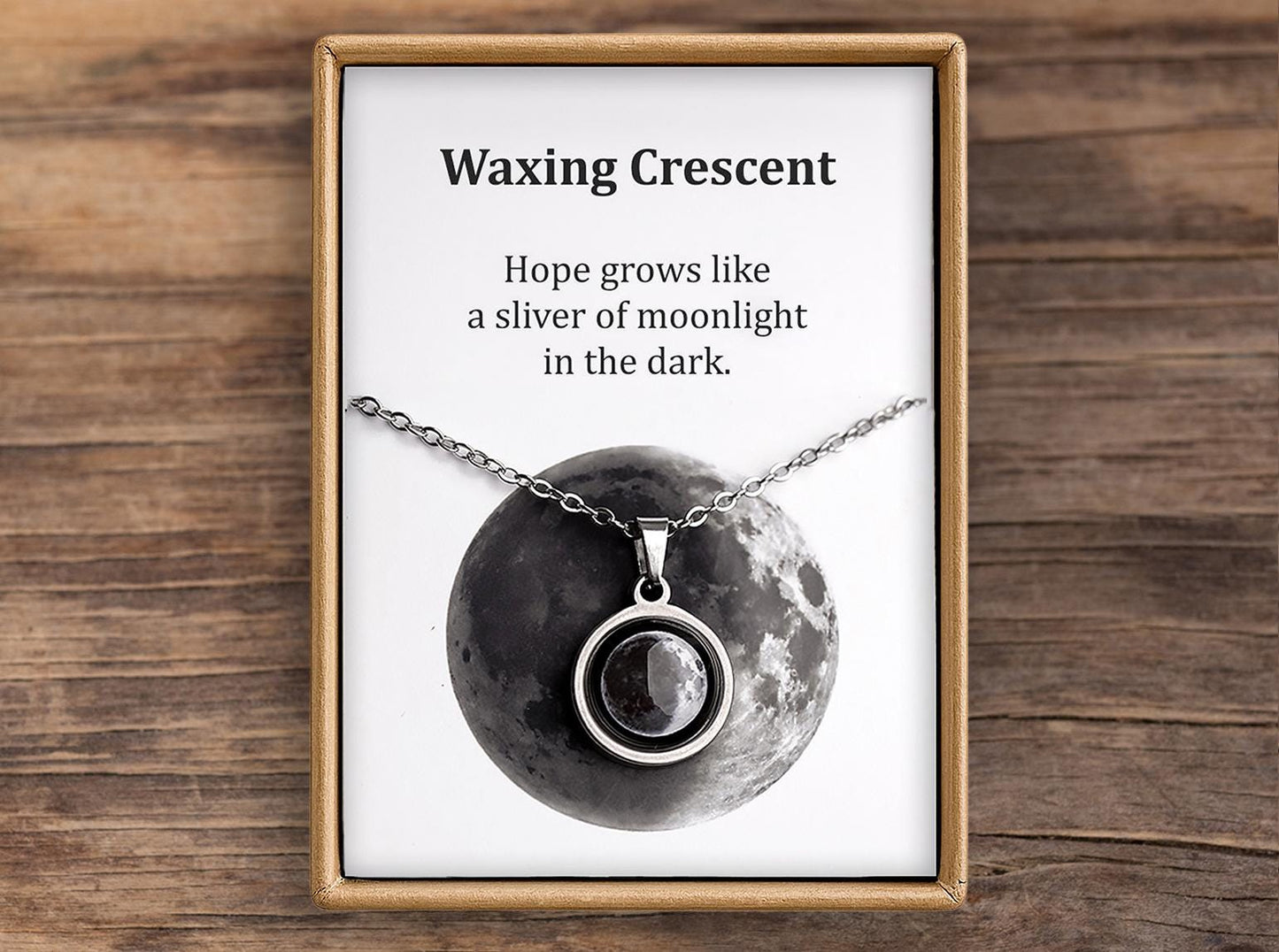 Waxing Crescent or Any Moon Phase Necklace with Gift Box & Card Ready to Give Personalized Lunar Pendant with Engraving and Adjustable Chain