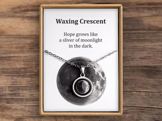 Waxing Crescent or Any Moon Phase Necklace with Gift Box & Card Ready to Give Personalized Lunar Pendant with Engraving and Adjustable Chain