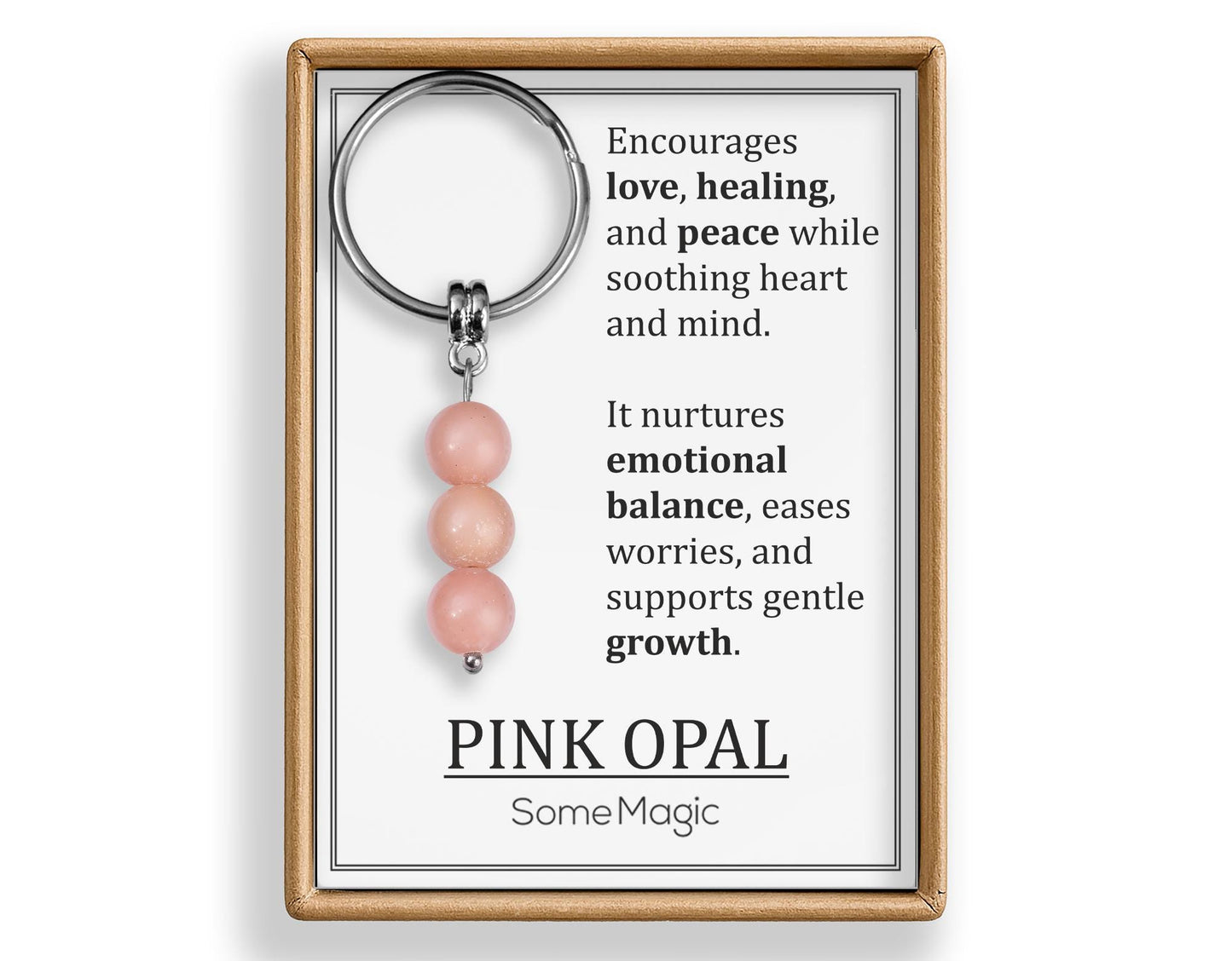 Pink Opal Gemstone Keychain - Genuine Mineral Crystal Pink Keyring with Meaning Card and Gift Box, Love, Healing and Peace Gift, MGM