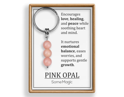 Pink Opal Gemstone Keychain - Genuine Mineral Crystal Pink Keyring with Meaning Card and Gift Box, Love, Healing and Peace Gift, MGM