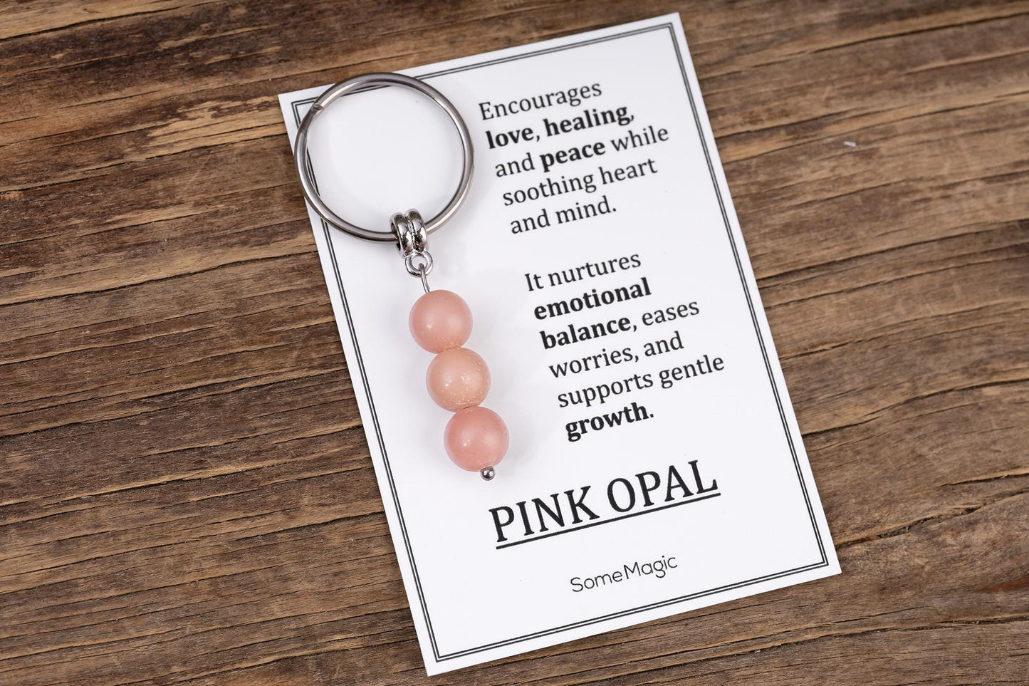 Pink Opal Gemstone Keychain - Genuine Mineral Crystal Pink Keyring with Meaning Card and Gift Box, Love, Healing and Peace Gift, MGM