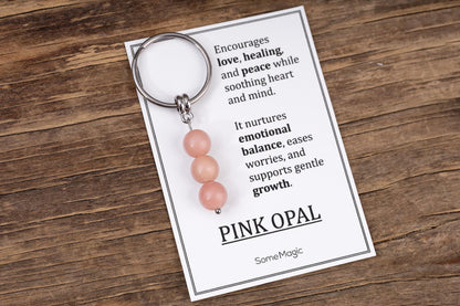 Pink Opal Gemstone Keychain - Genuine Mineral Crystal Pink Keyring with Meaning Card and Gift Box, Love, Healing and Peace Gift, MGM