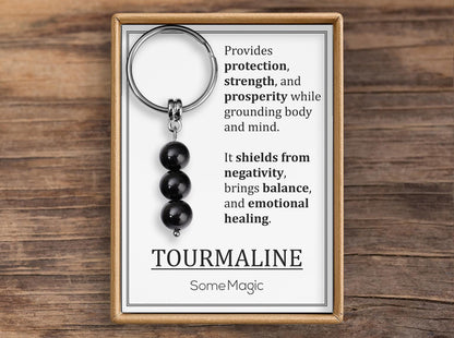 Tourmaline Gemstone Keychain - Mineral Crystal Black Keyring with Meaning Card and Gift Box, Protection and Prosperity Gift, MGM
