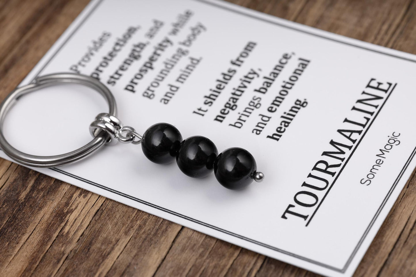 Tourmaline Gemstone Keychain - Mineral Crystal Black Keyring with Meaning Card and Gift Box, Protection and Prosperity Gift, MGM