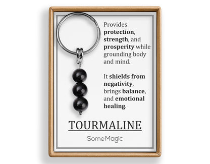 Tourmaline Gemstone Keychain - Mineral Crystal Black Keyring with Meaning Card and Gift Box, Protection and Prosperity Gift, MGM