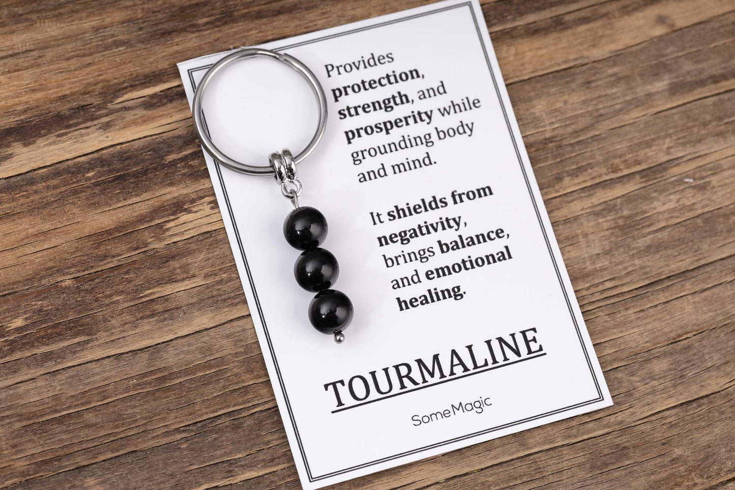 Tourmaline Gemstone Keychain - Mineral Crystal Black Keyring with Meaning Card and Gift Box, Protection and Prosperity Gift, MGM