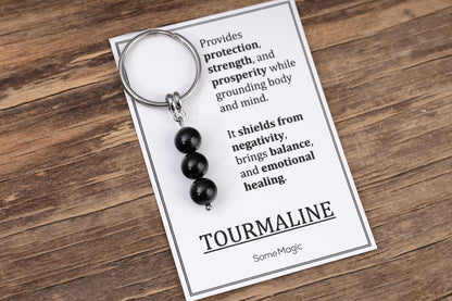 Tourmaline Gemstone Keychain - Mineral Crystal Black Keyring with Meaning Card and Gift Box, Protection and Prosperity Gift, MGM