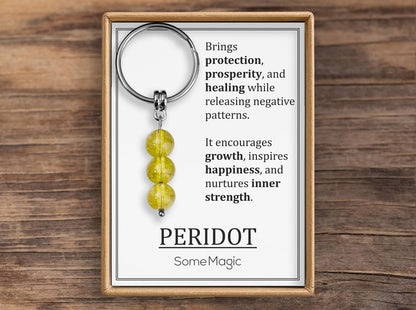 Peridot Gemstone Keychain - Genuine Mineral Crystal Green Keyring with Meaning Card and Gift Box, Happiness and Protection Gift, MGM