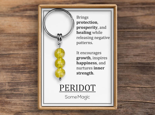 Peridot Gemstone Keychain - Genuine Mineral Crystal Green Keyring with Meaning Card and Gift Box, Happiness and Protection Gift, MGM