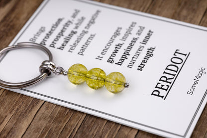 Peridot Gemstone Keychain - Genuine Mineral Crystal Green Keyring with Meaning Card and Gift Box, Happiness and Protection Gift, MGM