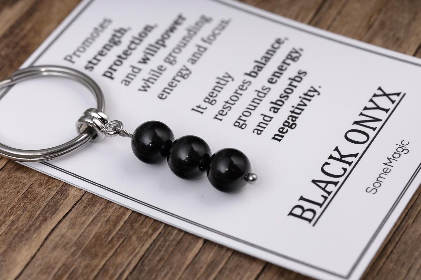 Black Onyx Gemstone Keychain - Genuine Mineral Crystal Keyring with Meaning Card and Gift Box, Strength, Protection & Willpower Gift, MGM