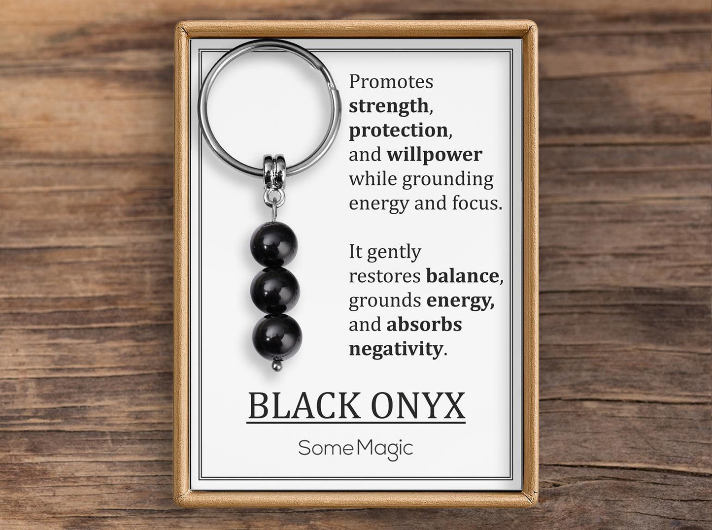 Black Onyx Gemstone Keychain - Genuine Mineral Crystal Keyring with Meaning Card and Gift Box, Strength, Protection & Willpower Gift, MGM