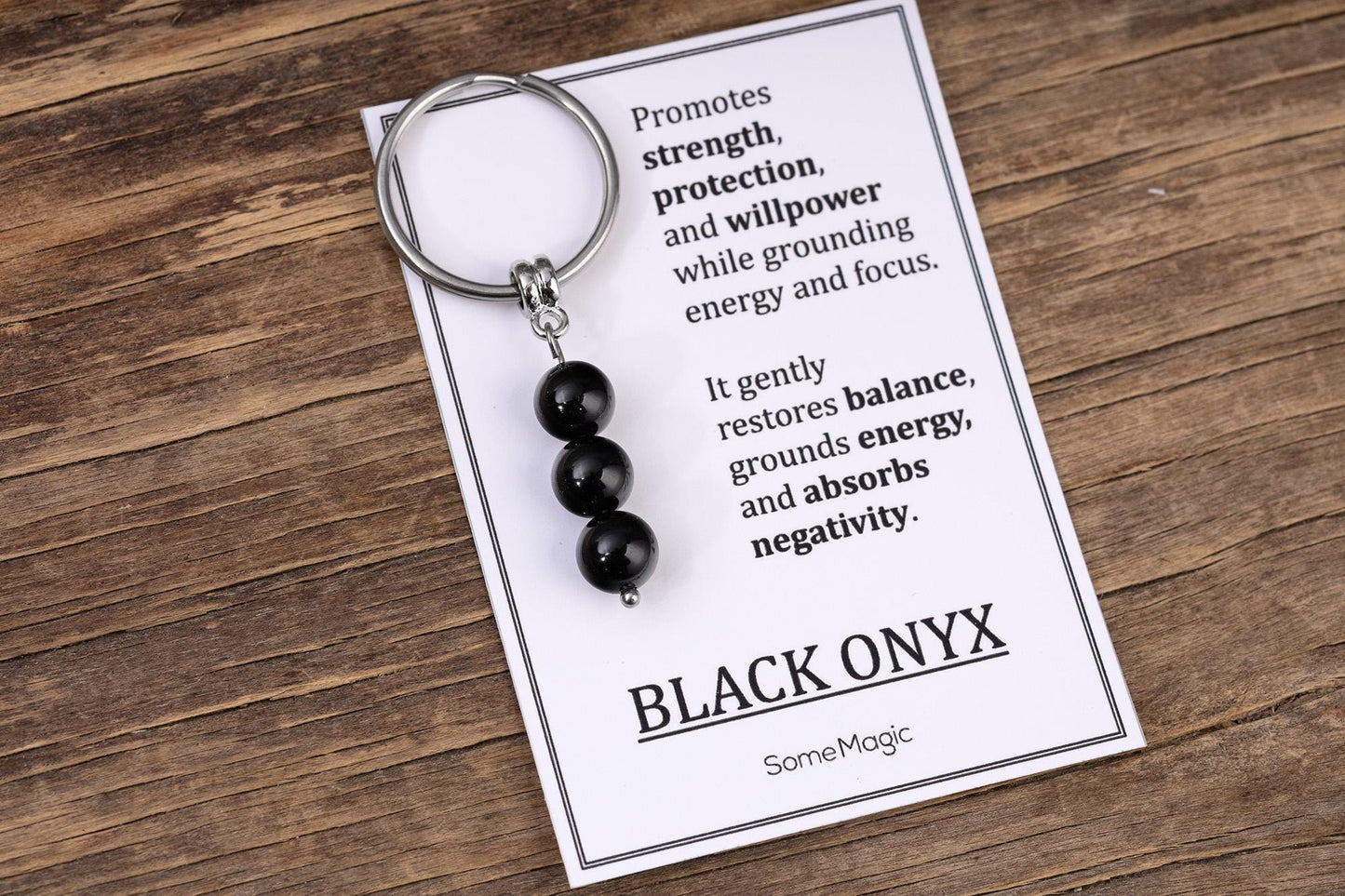 Black Onyx Gemstone Keychain - Genuine Mineral Crystal Keyring with Meaning Card and Gift Box, Strength, Protection & Willpower Gift, MGM