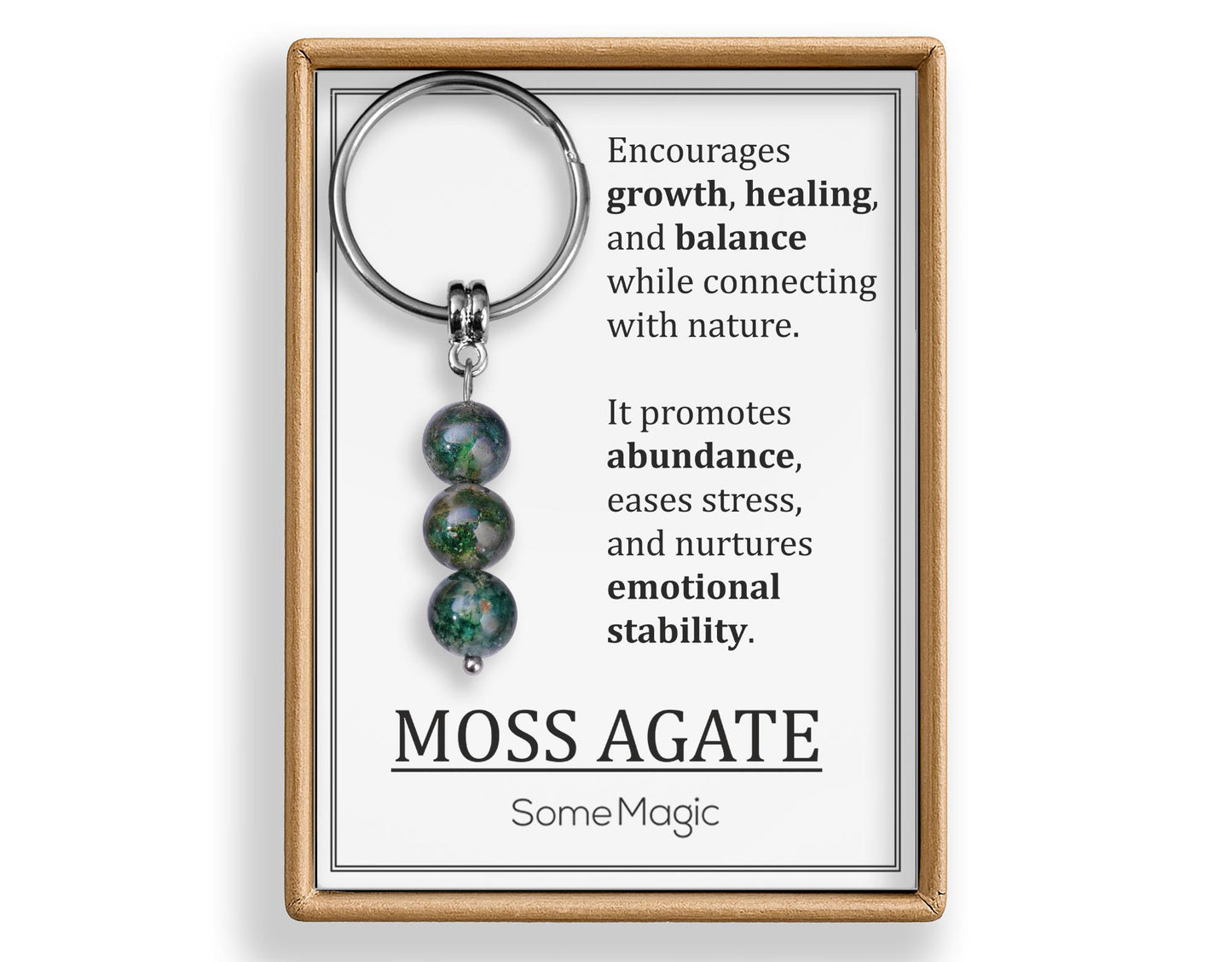 Moss Agate Gemstone Keychain - Genuine Mineral Crystal Dark Green Keyring with Meaning Card and Gift Box, Growth Balance & Healing Gift, MGM