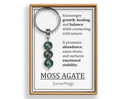 Moss Agate Gemstone Keychain - Genuine Mineral Crystal Dark Green Keyring with Meaning Card and Gift Box, Growth Balance & Healing Gift, MGM