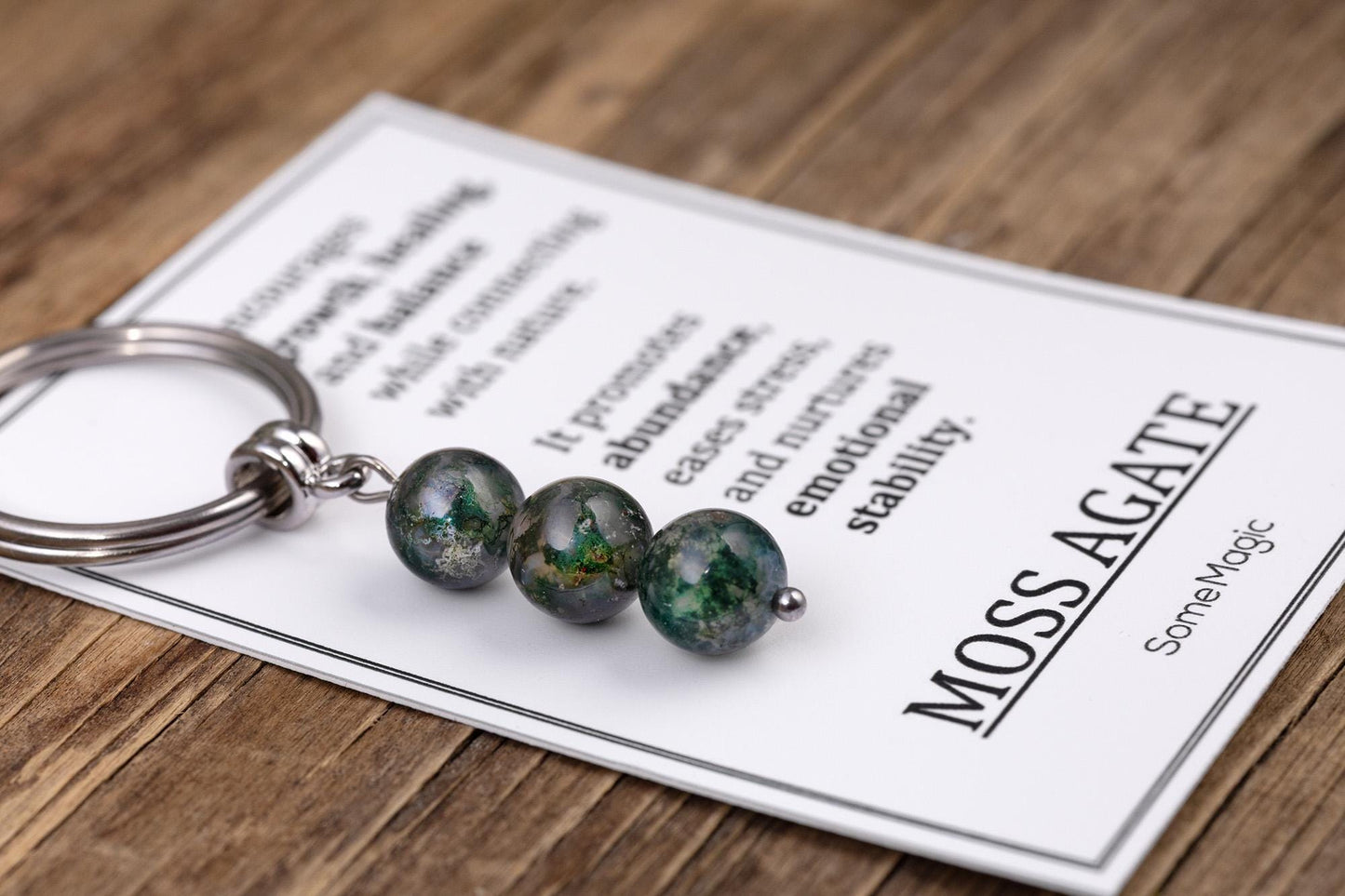 Moss Agate Gemstone Keychain - Genuine Mineral Crystal Dark Green Keyring with Meaning Card and Gift Box, Growth Balance & Healing Gift, MGM