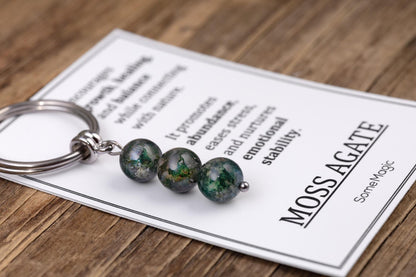 Moss Agate Gemstone Keychain - Genuine Mineral Crystal Dark Green Keyring with Meaning Card and Gift Box, Growth Balance & Healing Gift, MGM