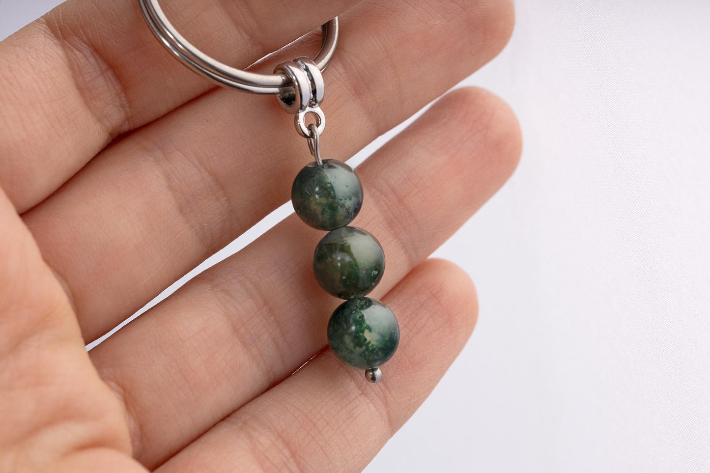 Moss Agate Gemstone Keychain - Genuine Mineral Crystal Dark Green Keyring with Meaning Card and Gift Box, Growth Balance & Healing Gift, MGM