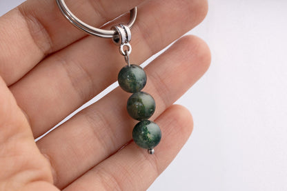 Moss Agate Gemstone Keychain - Genuine Mineral Crystal Dark Green Keyring with Meaning Card and Gift Box, Growth Balance & Healing Gift, MGM