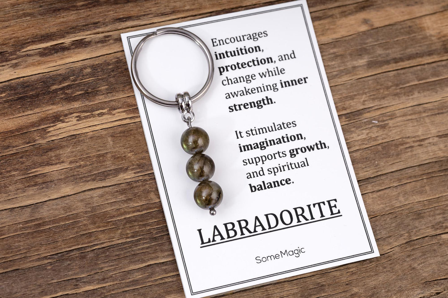 Labradorite Gemstone Keychain - Genuine Mineral Crystal Gray Keyring with Meaning Card and Gift Box, Transformation and Strength Gift, MGM