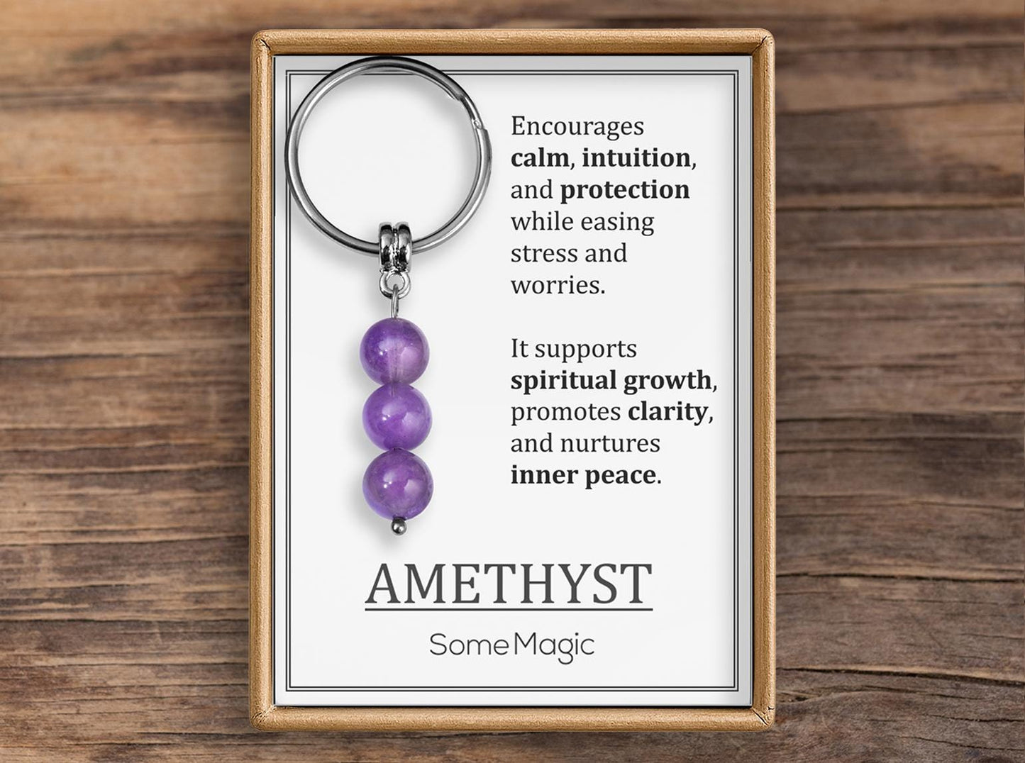 Amethyst Gemstone Keychain - Genuine Mineral Crystal Purple Keyring with Meaning Card and Gift Box, Balance, Clarity & Protection Gift, MGM