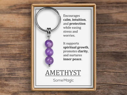 Amethyst Gemstone Keychain - Genuine Mineral Crystal Purple Keyring with Meaning Card and Gift Box, Balance, Clarity & Protection Gift, MGM