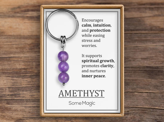 Amethyst Gemstone Keychain - Genuine Mineral Crystal Purple Keyring with Meaning Card and Gift Box, Balance, Clarity & Protection Gift, MGM