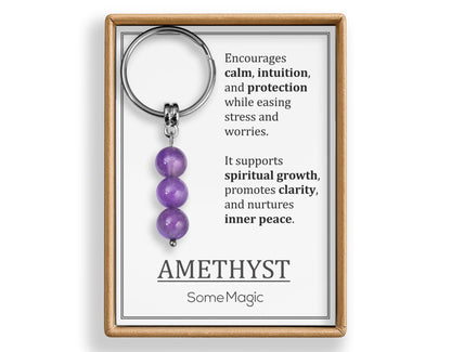 Amethyst Gemstone Keychain - Genuine Mineral Crystal Purple Keyring with Meaning Card and Gift Box, Balance, Clarity & Protection Gift, MGM