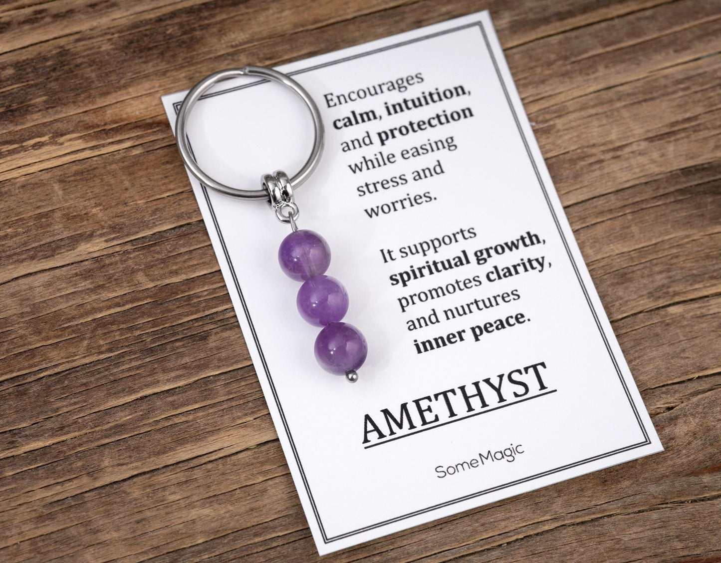 Amethyst Gemstone Keychain - Genuine Mineral Crystal Purple Keyring with Meaning Card and Gift Box, Balance, Clarity & Protection Gift, MGM