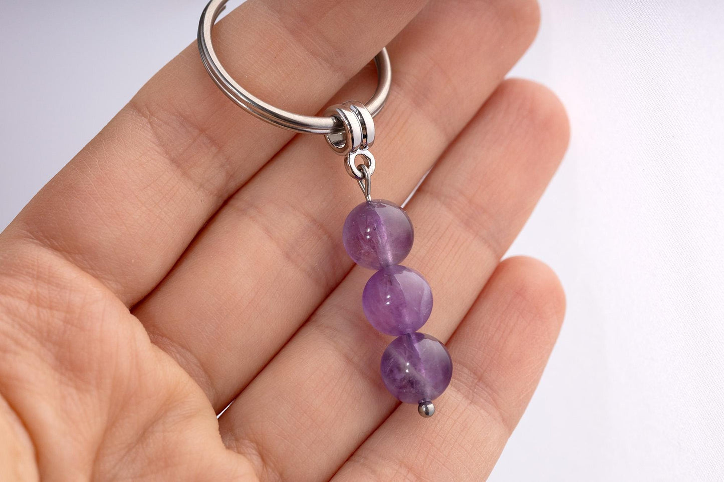 Amethyst Gemstone Keychain - Genuine Mineral Crystal Purple Keyring with Meaning Card and Gift Box, Balance, Clarity & Protection Gift, MGM