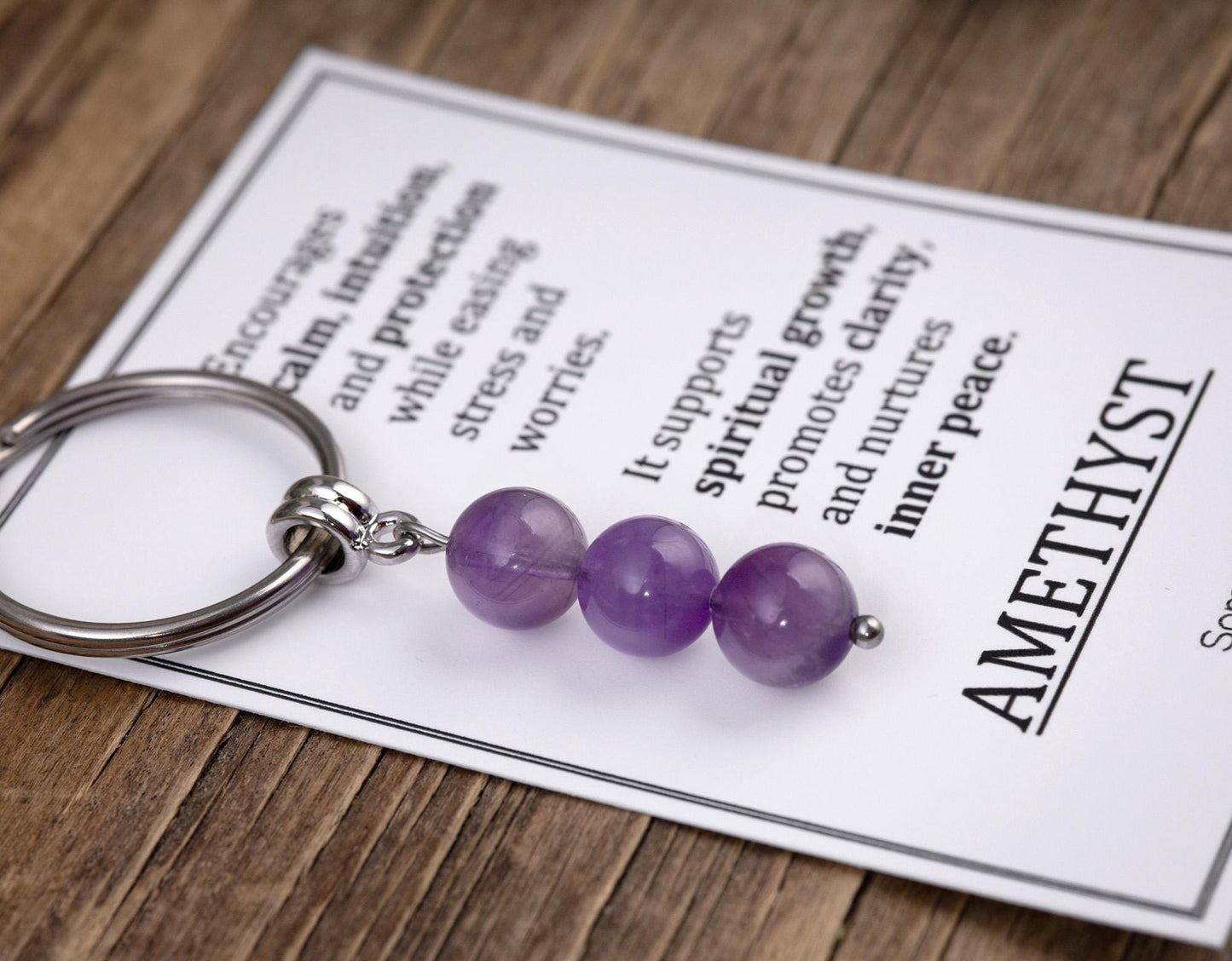 Amethyst Gemstone Keychain - Genuine Mineral Crystal Purple Keyring with Meaning Card and Gift Box, Balance, Clarity & Protection Gift, MGM