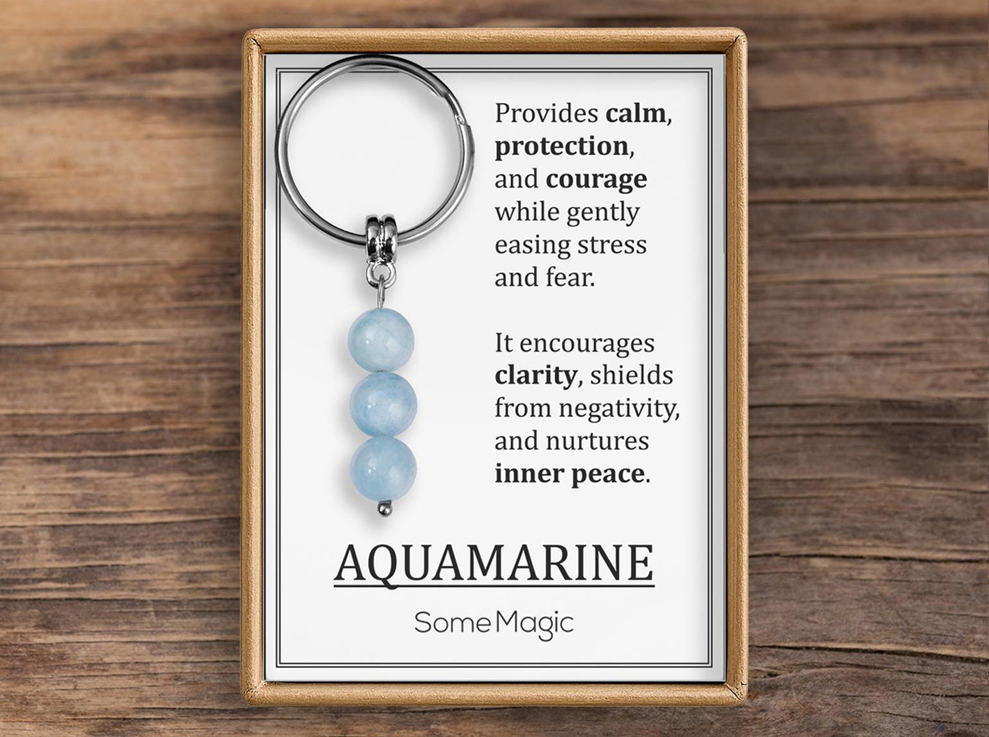 Aquamarine Gemstone Keychain - Genuine Mineral Crystal Blue Keyring with Meaning Card and Gift Box, Balance, Courage & Protection Gift, MGM