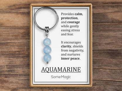 Aquamarine Gemstone Keychain - Genuine Mineral Crystal Blue Keyring with Meaning Card and Gift Box, Balance, Courage & Protection Gift, MGM
