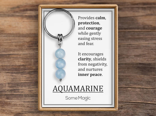Aquamarine Gemstone Keychain - Genuine Mineral Crystal Blue Keyring with Meaning Card and Gift Box, Balance, Courage & Protection Gift, MGM