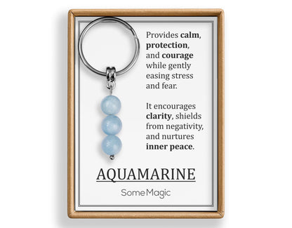 Aquamarine Gemstone Keychain - Genuine Mineral Crystal Blue Keyring with Meaning Card and Gift Box, Balance, Courage & Protection Gift, MGM