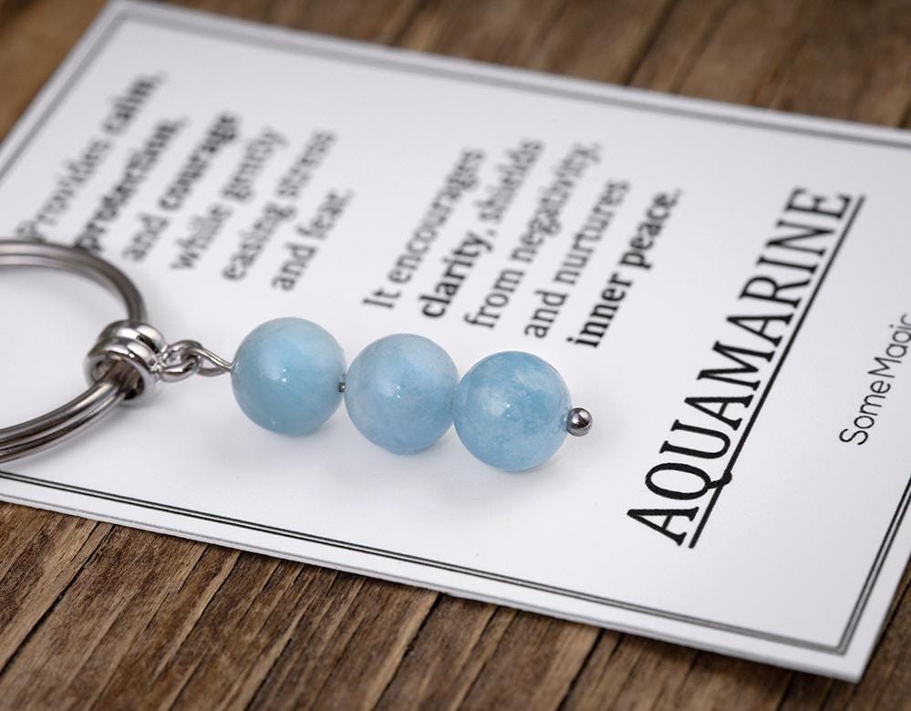 Aquamarine Gemstone Keychain - Genuine Mineral Crystal Blue Keyring with Meaning Card and Gift Box, Balance, Courage & Protection Gift, MGM