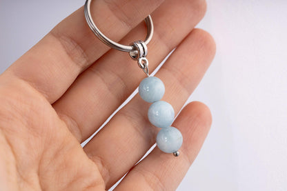 Aquamarine Gemstone Keychain - Genuine Mineral Crystal Blue Keyring with Meaning Card and Gift Box, Balance, Courage & Protection Gift, MGM