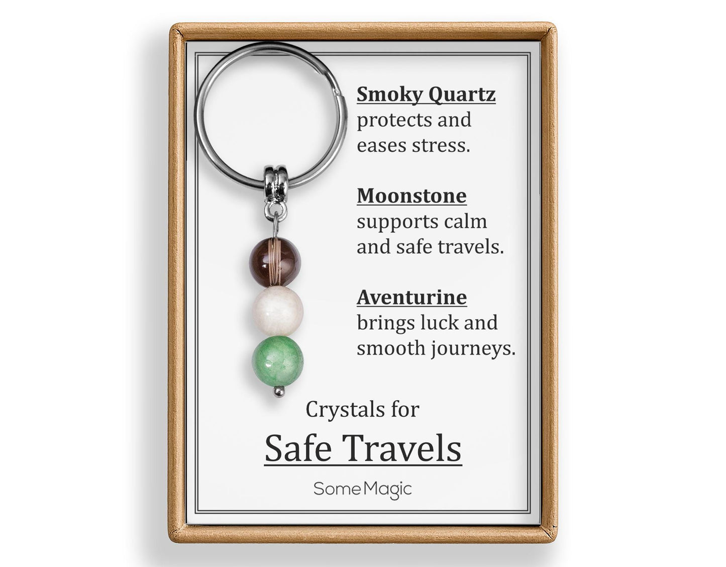 Safe Travels Gemstone Set Keychain - Genuine Crystal Keyring with Smoky Quartz, Moonstone & Aventurine, Gift Box and Meaning Card, CGM