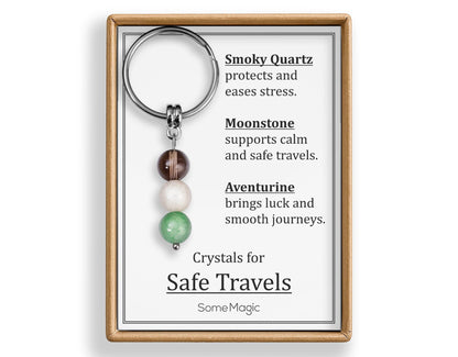 Safe Travels Gemstone Set Keychain - Genuine Crystal Keyring with Smoky Quartz, Moonstone & Aventurine, Gift Box and Meaning Card, CGM