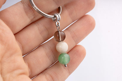 Safe Travels Gemstone Set Keychain - Genuine Crystal Keyring with Smoky Quartz, Moonstone & Aventurine, Gift Box and Meaning Card, CGM