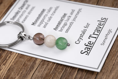Safe Travels Gemstone Set Keychain - Genuine Crystal Keyring with Smoky Quartz, Moonstone & Aventurine, Gift Box and Meaning Card, CGM