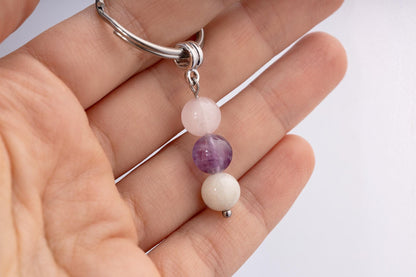 Grief and Loss Gemstone Set Keychain - Genuine Crystal Keyring with Rose Quartz, Amethyst & Moonstone, Gift Box and Meaning Card, CGM