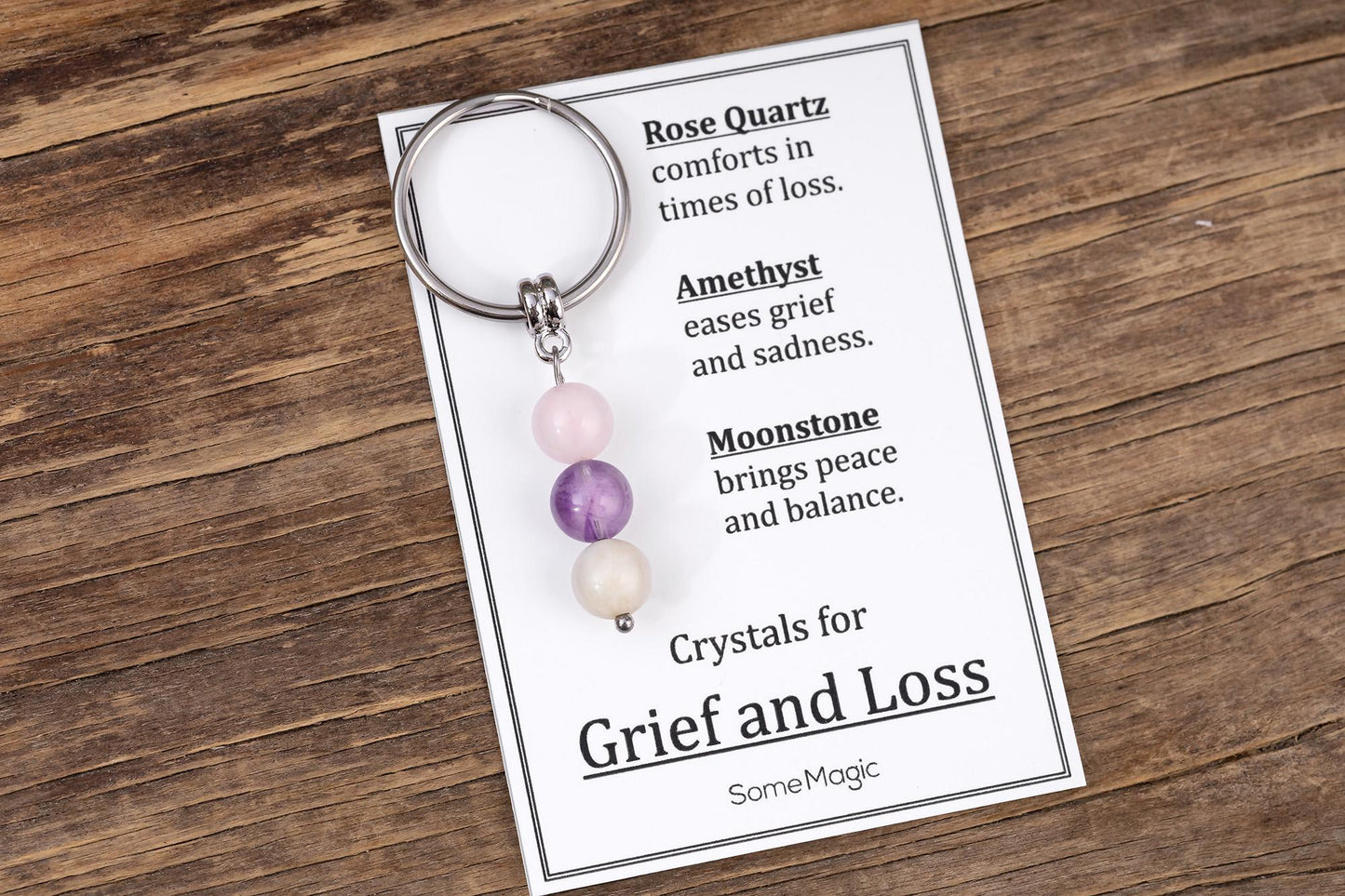Grief and Loss Gemstone Set Keychain - Genuine Crystal Keyring with Rose Quartz, Amethyst & Moonstone, Gift Box and Meaning Card, CGM