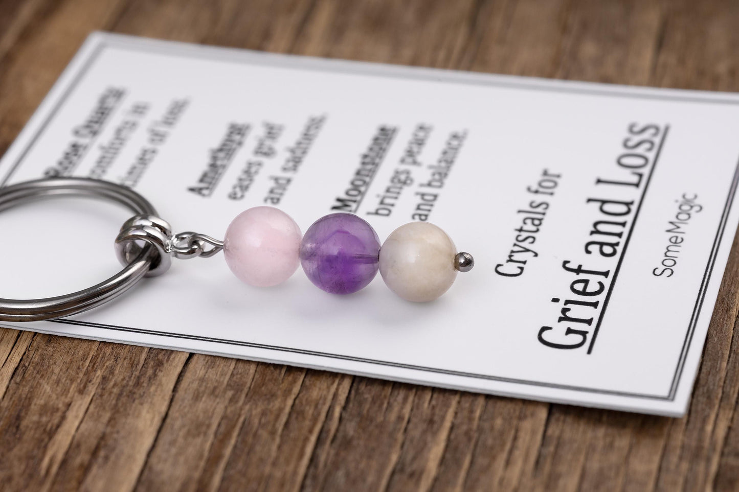 Grief and Loss Gemstone Set Keychain - Genuine Crystal Keyring with Rose Quartz, Amethyst & Moonstone, Gift Box and Meaning Card, CGM