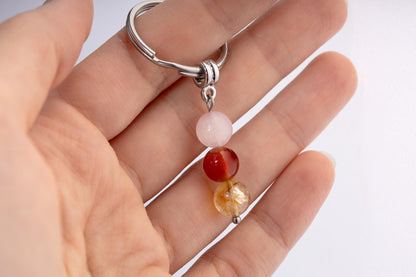 Positive Mindset Gemstone Set Keychain - Mineral Crystal Keyring with Rose Quartz, Carnelian & Citrine, Gift Box and Meaning Card, CGM