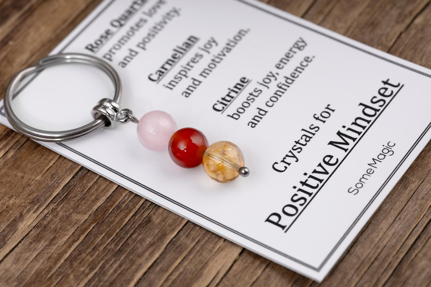 Positive Mindset Gemstone Set Keychain - Mineral Crystal Keyring with Rose Quartz, Carnelian & Citrine, Gift Box and Meaning Card, CGM