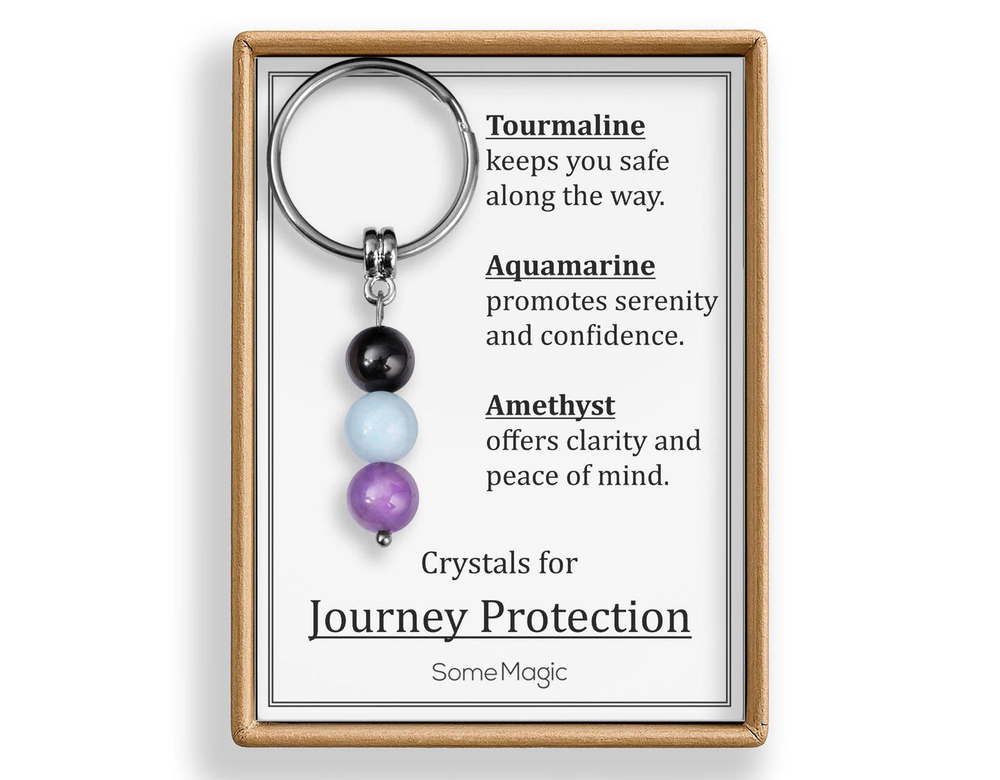 Journey Protection Gemstone Set Keychain - Mineral Crystal Keyring with Tourmaline, Aquamarine & Amethyst, Gift Box and Meaning Card, CGM