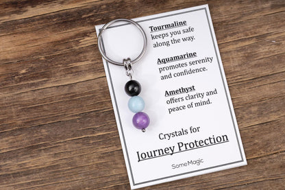 Journey Protection Gemstone Set Keychain - Mineral Crystal Keyring with Tourmaline, Aquamarine & Amethyst, Gift Box and Meaning Card, CGM