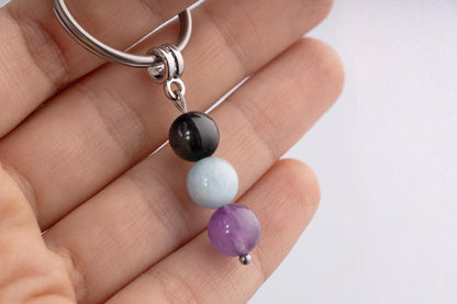 Journey Protection Gemstone Set Keychain - Mineral Crystal Keyring with Tourmaline, Aquamarine & Amethyst, Gift Box and Meaning Card, CGM