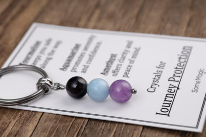 Journey Protection Gemstone Set Keychain - Mineral Crystal Keyring with Tourmaline, Aquamarine & Amethyst, Gift Box and Meaning Card, CGM